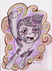 Size: 1613x2206 | Tagged: safe, artist:falloutfire, imported from derpibooru, twilight sparkle, pony, unicorn, bloodshot eyes, colored pencil drawing, drugs, female, floating, flying, highlight sparkle, joint, lidded eyes, mare, marijuana, open mouth, open smile, smiling, smoke, solo, traditional art, unicorn twilight