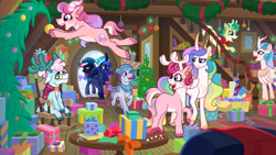 Size: 1192x670 | Tagged: safe, artist:computerstickman, imported from derpibooru, alice the reindeer, aurora the reindeer, bori the reindeer, princess celestia, princess luna, oc, oc:northern wishes, oc:periwinkle, deer, pony, reindeer