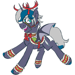 Size: 900x900 | Tagged: safe, artist:fuckomcfuck, imported from derpibooru, oc, oc only, oc:elizabat stormfeather, alicorn, bat pony, bat pony alicorn, pony, alicorn oc, animal costume, antlers, bat pony oc, bat wings, bell, bell collar, bow, bridle, christmas, clothes, collar, costume, cuffs, cute, ear fluff, fangs, female, holiday, horn, jingle bells, mare, ocbetes, open mouth, reindeer antlers, reindeer costume, saddle, simple background, solo, tack, transparent background, unshorn fetlocks, wings