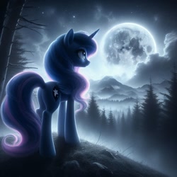 Size: 1024x1024 | Tagged: safe, imported from derpibooru, princess luna, pony, ai content, ai generated, cloud, fog, forest, full body, full moon, generator:dall-e, looking up, moon, mountain, nature, night, prompter:starshine, realistic, stars, tree