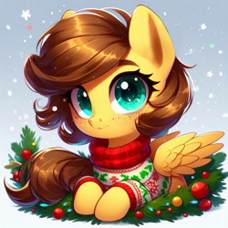 Size: 1524x1524 | Tagged: safe, derpibooru exclusive, imported from derpibooru, oc, oc:yuris, pegasus, pony, ai content, ai generated, christmas, ears up, female, holiday, lies, looking at you, smiling, solo, spread wings, wings