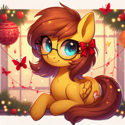 Size: 1524x1524 | Tagged: safe, derpibooru exclusive, imported from derpibooru, oc, oc:yuris, pegasus, pony, ai content, ai generated, christmas, ears up, female, glasses, holiday, lies, looking at you, smiling, solo, spread wings, wings