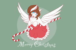 Size: 2048x1365 | Tagged: safe, artist:mscolorsplash, imported from derpibooru, oc, oc only, oc:color splash, anthro, pegasus, bare shoulders, bow, breasts, candy, candy cane, christmas, cleavage, clothes, dress, female, food, green background, holiday, mare, merry christmas, open mouth, open smile, simple background, smiling, solo, spread wings, text, wings