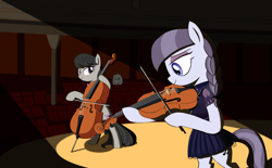 Size: 1920x1187 | Tagged: safe, artist:truthormare, inky rose, lily lace, octavia melody, earth pony, pony, unicorn, bowtie, cello, clothes, dress, female, mare, musical instrument, performance, playing instrument, simple background, solo, spotlight, stage, violin