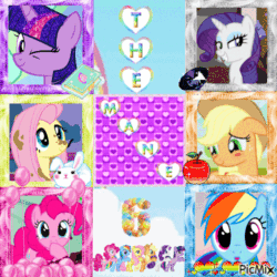 Size: 500x500 | Tagged: safe, artist:efegirl4, edit, edited screencap, imported from derpibooru, screencap, applejack, fluttershy, pinkie pie, rainbow dash, rarity, twilight sparkle, alicorn, earth pony, pegasus, rabbit, unicorn, animal, animated, apple, balloon, blushing, book, collage, diamond, episode needed, food, g4, gif, happy, looking at you, mane six, mud, one eye closed, picmix, spinning, wink, winking at you