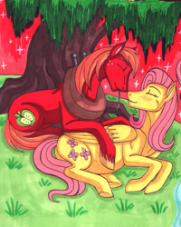 Size: 983x1229 | Tagged: safe, artist:whitefangkakashi300, imported from ponybooru, big macintosh, fluttershy, earth pony, pegasus, pony, female, fluttermac, male, mare, preggoshy, pregnant, shipping, stallion, straight