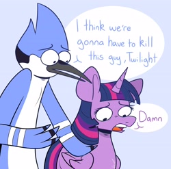 Size: 4096x4040 | Tagged: safe, artist:crookedbeetles, imported from derpibooru, twilight sparkle, alicorn, bird, blue jay, pony, absurd resolution, crossing the memes, damn, duo, duo male and female, female, g4, i think we're gonna have to kill this guy, male, mare, meme, mordecai, regular show, style emulation, twilight sparkle (alicorn), vulgar