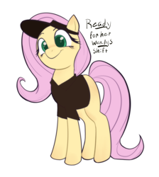 Size: 1838x2052 | Tagged: safe, artist:maggotz5k, imported from derpibooru, fluttershy, pegasus, pony, colored pupils, g4, missing cutie mark, polo shirt, simple background, solo, visor cap, wendy's, white background, wingless, working