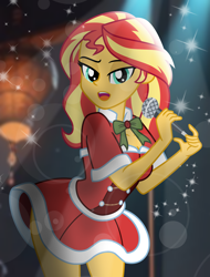 Size: 4926x6480 | Tagged: safe, artist:emeraldblast63, imported from derpibooru, sunset shimmer, equestria girls, christmas, clothes, costume, g4, holiday, microphone, santa costume, singing