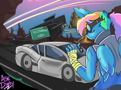 Size: 3125x2327 | Tagged: safe, artist:dirtyscoundrel, imported from derpibooru, rainbow dash, anthro, pegasus, bandage, canyon, car, clothes, cyberpunk, female, g4, goggles, high res, key, midriff, pinup, road, solo