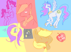 Size: 2000x1474 | Tagged: safe, artist:dirtyscoundrel, imported from derpibooru, applejack, big macintosh, derpy hooves, pinkie pie, princess celestia, alicorn, earth pony, pony, :p, bust, colored sketch, female, g4, male, mare, portrait, rearing, sketch, stallion, tongue out, unamused