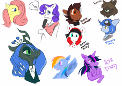 Size: 3000x2121 | Tagged: safe, artist:dirtyscoundrel, imported from derpibooru, fluttershy, queen chrysalis, rainbow dash, rarity, twilight sparkle, oc, oc:blacksamurai, oc:stormy skies, changeling, changeling queen, pegasus, pony, unicorn, bandana, bust, clothes, facial hair, female, goatee, goggles, high res, male, mare, microphone, pictogram, portrait, simple background, singing, sketch, sketch dump, stallion, suit, white background