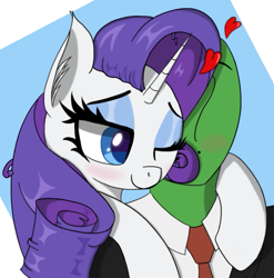 Size: 879x889 | Tagged: safe, artist:raritymylove, imported from derpibooru, rarity, oc, oc:anon, pony, blushing, cute, ear fluff, heart, hug, one eye closed, wink