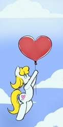 Size: 634x1280 | Tagged: safe, artist:dirtyscoundrel, imported from derpibooru, oc, oc only, oc:tender heart, earth pony, pony, balloon, flying, heart, heart balloon, hoof hold, looking at something, sky, solo, that pony sure does love balloons