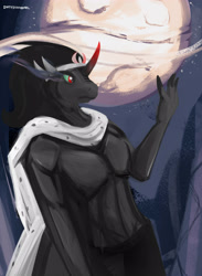 Size: 2931x4000 | Tagged: safe, artist:dirtyscoundrel, imported from derpibooru, king sombra, anthro, unicorn, cape, clothes, full moon, high res, male, moon, night, partial nudity, pinup, raised hand, solo, solo male, topless