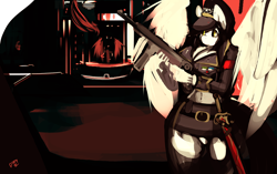 Size: 1200x752 | Tagged: safe, artist:dirtyscoundrel, imported from derpibooru, oc, oc only, oc:carrera sky, anthro, pegasus, female, gun, interior, mp40, nazi, schutzstaffel, solo, submachinegun, sword, weapon