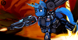 Size: 3333x1715 | Tagged: safe, artist:dirtyscoundrel, imported from derpibooru, oc, oc only, oc:flint, pony, unicorn, armor, artificial wings, augmented, calm, glowing, glowing horn, gun, high res, horn, lava, mechanical wing, rifle, running, science fiction, shooting, solo, weapon, wings