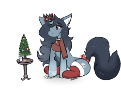 Size: 3831x3083 | Tagged: safe, artist:dirtyscoundrel, imported from derpibooru, oc, oc only, pony, unicorn, christmas, christmas stocking, christmas tree, clothes, female, hair over one eye, high res, holiday, horn, mare, mistletoe, mistletoe horn, scarf, simple background, sitting, smiling, solo, tree, white background