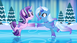 Size: 3840x2160 | Tagged: safe, artist:limedazzle, imported from derpibooru, starlight glimmer, trixie, pony, auroricorn, crystal horn, dancing, g5, glitter, grin, happy, horn, ice, open mouth, open smile, race swap, reflection, smiling, tree, unshorn fetlocks