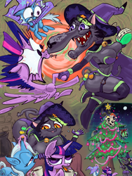 Size: 6000x8000 | Tagged: safe, imported from derpibooru, trixie, twilight sparkle, oc, alicorn, pony, boop, christmas, christmas tree, female, hat, holiday, mare, scared, secret santa, tree, twilight sparkle (alicorn), witch, witch hat
