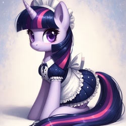 Size: 1024x1024 | Tagged: prompter needed, safe, imported from derpibooru, twilight sparkle, pony, unicorn, ai content, ai generated, clothes, female, g4, generator:dall-e 3, long tail, looking at you, maid, maid headdress, maidlight sparkle, mare, solo, tail, unicorn twilight