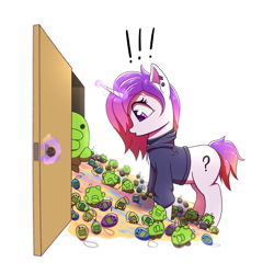 Size: 2274x2274 | Tagged: safe, artist:harukiicat, imported from derpibooru, oc, oc only, pony, unicorn, clothes, cutie mark, door, hoodie, magic, magic aura, profile, simple background, solo, surprised, tamagotchi, white background