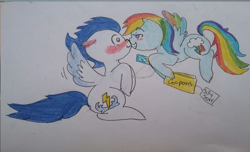 Size: 818x498 | Tagged: safe, artist:miyathegoldenflower, imported from ponybooru, rainbow dash, soarin', pegasus, pony, female, male, mare, shipping, soarindash, stallion, straight, traditional art