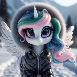 Size: 1024x1024 | Tagged: safe, imported from ponybooru, princess celestia, alicorn, pony, ai content, ai generated, bing, clothed ponies, clothes, female, looking at you, mare, snow, solo, spread wings, wings, winter outfit