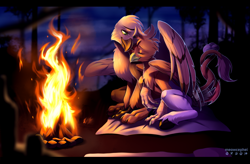 Size: 2447x1604 | Tagged: safe, artist:meowcephei, imported from derpibooru, oc, oc:gwent, oc:steel wing, griffon, hippogriff, campfire, camping, commission, cuddling, fire, forest, forest background, griffon oc, hippogriff oc, nature, tree