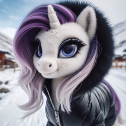 Size: 1024x1024 | Tagged: safe, imported from ponybooru, rarity, pony, unicorn, ai content, ai generated, alternate hairstyle, bing, clothed ponies, clothes, female, fluffy, mare, snow, solo, winter outfit