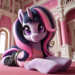 Size: 1024x1024 | Tagged: safe, imported from ponybooru, twilight sparkle, pony, unicorn, ai content, ai generated, belt, bing, clothed ponies, clothes, denim, female, fluffy, indoors, jeans, looking at you, lying down, lying on the floor, mare, on floor, pants, prone, shirt, solo, t-shirt, underhoof, unicorn twilight