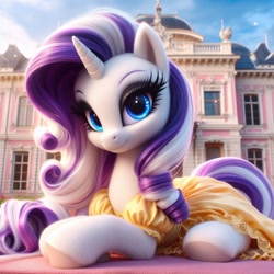 Size: 1024x1024 | Tagged: safe, imported from ponybooru, rarity, pony, unicorn, ai content, ai generated, alternate hair color, bing, clothed ponies, clothes, dress, female, looking at you, lying down, lying on the ground, mare, on ground, prone, smiling, smiling at you, solo, yellow dress