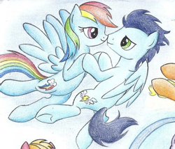 Size: 383x328 | Tagged: safe, artist:islamilenaria, imported from ponybooru, rainbow dash, soarin', pegasus, pony, female, male, mare, shipping, soarindash, stallion, straight, traditional art