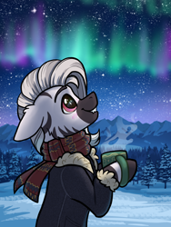 Size: 1402x1868 | Tagged: safe, artist:helmie-art, imported from ponybooru, oc, oc only, oc:ailani, undead, vampire, zebra, aurora borealis, clothes, coat, commission, cup, fangs, forest, male, scarf, stallion, ych result