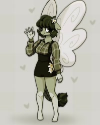 Size: 1492x1855 | Tagged: safe, artist:_alixxie_, imported from derpibooru, oc, oc only, oc:cora, anthro, flutter pony, unguligrade anthro, female, flower, flower in hair, green background, simple background, smiling, solo, waving