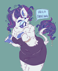 Size: 1201x1481 | Tagged: safe, artist:tottallytoby, imported from derpibooru, rarity, anthro, pony, unicorn, arm fluff, bracelet, breasts, cheek fluff, cleavage, cleavage fluff, clothes, curved horn, darling, dialogue, dress, ear piercing, earring, elbow fluff, eyeshadow, female, finger hooves, g4, hair beads, hair bun, horn, jewelry, leg fluff, leonine tail, lidded eyes, makeup, piercing, shoulder fluff, simple background, solo, speech, speech bubble, strapless, strapless dress, tail, tail beads, tail fluff, tail jewelry, talking, teal background, text