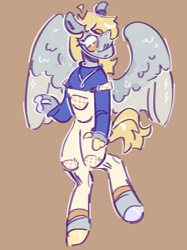 Size: 1017x1362 | Tagged: safe, artist:tottallytoby, imported from derpibooru, derpy hooves, anthro, pegasus, pony, unguligrade anthro, ahoge, blaze (coat marking), brown background, clothes, coat markings, colored hooves, colored wings, colored wingtips, facial markings, female, finger hooves, fingerless gloves, freckles, g4, gloves, jewelry, necklace, overalls, simple background, solo, spread wings, sweater, tan background, wing freckles, wings