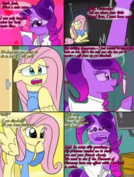Size: 2000x2643 | Tagged: safe, artist:bestponies, imported from derpibooru, fluttershy, oc, oc:violet drop, goo, goo pony, monster pony, original species, pegasus, pony, comic:nurses take over, clothes, comic, comic panel, dialogue, eyes closed, female, g4, hospital, magic, mare, open mouth, picture, sitting, speech bubble, telekinesis