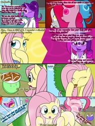 Size: 2000x2643 | Tagged: safe, artist:bestponies, imported from derpibooru, fluttershy, pinkie pie, rainbow dash, oc, oc:violet drop, earth pony, goo, goo pony, monster pony, original species, pegasus, pony, comic:nurses take over, clothes, comic, comic panel, cookie, dialogue, eyes closed, female, food, g4, hospital, magic, mare, open mouth, overheal, speech bubble, telekinesis