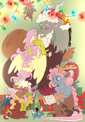 Size: 3280x4720 | Tagged: safe, artist:labrony12, imported from derpibooru, discord, fluttershy, oc, draconequus, hybrid, pegasus, pony, snake, 2023, animated, antlers, baby, beard, blushing, bow, christmas, christmas lights, clothes, eyes closed, facial hair, family, female, g4, gif, hat, holiday, hybrid oc, interspecies, interspecies offspring, kissing, male, mistletoe, offspring, parent:discord, parent:fluttershy, parents:discoshy, present, santa hat, scarf, ship:discoshy, shipping, straight, toy, wings