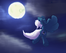 Size: 2000x1612 | Tagged: safe, artist:gosha305, imported from derpibooru, night glider, pegasus, pony, background pony, blue background, blue eyes, chest fluff, cloud, ear fluff, female, fluffy, flying, g4, head tilt, mare, moon, moonlight, night, night sky, simple background, sky, smiling, solo, spread wings, stars, tail, underhoof, upside down, wings