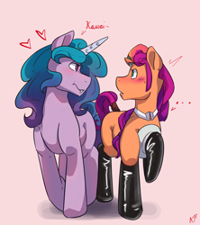 Size: 4000x4500 | Tagged: safe, artist:nanazdina, imported from derpibooru, izzy moonbow, sunny starscout, earth pony, pony, unicorn, clothes, female, floating heart, g5, heart, hoof on chest, izzyscout, latex, latex socks, lesbian, looking at each other, looking at someone, mare, shipping, socks