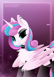 Size: 1529x2160 | Tagged: safe, artist:andaluce, artist:jorge-styx, imported from derpibooru, princess flurry heart, alicorn, pony, clothes, collar, edgy, emo, female, g4, gradient background, gritted teeth, horn, horn ring, jewelry, large wings, lineless, mare, older, older flurry heart, partially open wings, piercing, princess emo heart, ring, socks, solo, spiked collar, teeth, wings