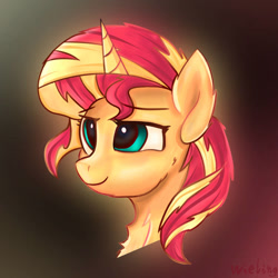 Size: 828x828 | Tagged: safe, artist:weiling, imported from derpibooru, sunset shimmer, pony, unicorn, bust, female, g4, gradient background, portrait, smiling, solo