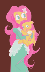 Size: 392x618 | Tagged: safe, artist:candyvoncaramel, imported from derpibooru, fluttershy, human, pegasus, pony, equestria girls, clothes, cute, g4, holding a pony, human and pony, human ponidox, open mouth, open smile, self paradox, self ponidox, shyabetes, smiling, solo