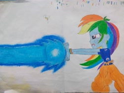 Size: 4000x3000 | Tagged: safe, imported from derpibooru, rainbow dash, human, equestria girls, anime, bleeding, blood, clothes, dragon ball, dragon ball z, drawing, fanart, humanized, injured, kamehameha, solo, son goku, torn clothes, traditional art