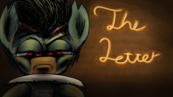 Size: 1920x1080 | Tagged: safe, artist:yamston, imported from derpibooru, oc, oc only, oc:lance greenfield, zebra, fanfic:living the dream, 2023, copypasta, fanfic art, frown, letter, male, meme, narrowed eyes, navy seal copypasta, reading, red eyes, red stripes, solo, stallion, title card, torn ear, zebra oc