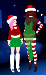 Size: 599x978 | Tagged: safe, artist:mixermike622, imported from derpibooru, oc, oc only, oc:fluffle puff, oc:marksaline, human, 3d, breasts, christmas, clothes, duo, duo female, female, gloves, hand on hip, hat, holiday, horns, humanized, humanized oc, leg warmers, long gloves, panties, santa hat, see-through, siblings, sisters, skirt, socks, striped gloves, striped socks, sweater, underwear