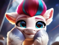 Size: 4096x3072 | Tagged: safe, ai generated, imported from derpibooru, zipp storm, ai content, ear fluff, g5, generator:pony diffusion v6 xl, generator:purplesmart.ai, generator:stable diffusion, hoof on face, one ear down, prompter:kluknawa235, smiling