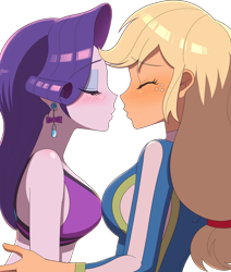 Size: 1460x1723 | Tagged: safe, artist:haibaratomoe, edit, editor:itsmgh1203, imported from derpibooru, applejack, rarity, human, equestria girls, equestria girls series, forgotten friendship, applejack's beach shorts swimsuit, blushing, breasts, breasts touching, busty applejack, busty rarity, clothes, duo, duo female, ear piercing, earring, eye clipping through hair, eyebrows, eyebrows visible through hair, eyes closed, female, freckles, g4, imminent kissing, jewelry, lesbian, piercing, rarity's beach shorts swimsuit, ship:rarijack, shipping, simple background, swimsuit, transparent background